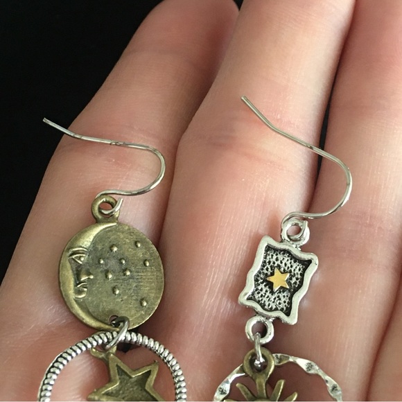 Celestial Sun Moon Face Retro Bohemian Style Dangle Earrings - Picture 3 of 7